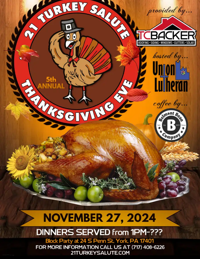 A poster of TC Backer with the theme "21 turkey salute 5th annual thanks giving"