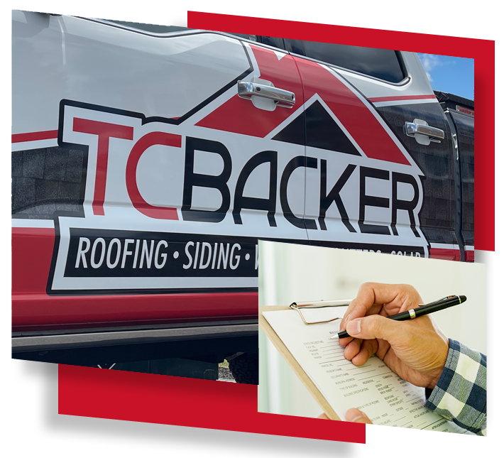 A TC Backer logo in the car and a hand holding a pen and a form