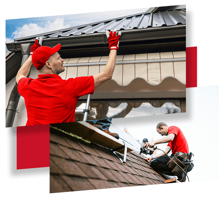 A man wearing hat and red t-shirt repairing gutter and roof