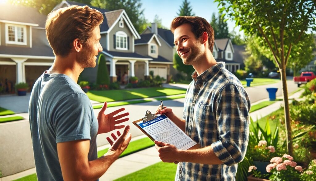 Two men having a conversation while the other one is holding a clipboard with paper.