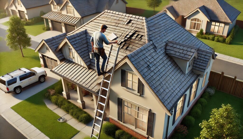 Man inspecting roof shingles on a house from a ladder.