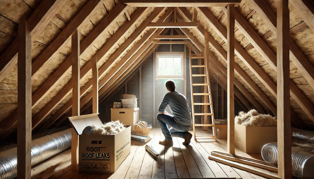 Man inspecting an attic with roof leak repair materials.