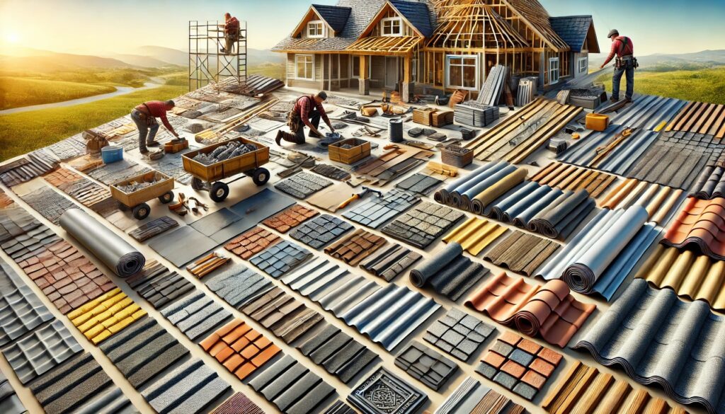 Various roofing materials laid out in front of a partially constructed house.