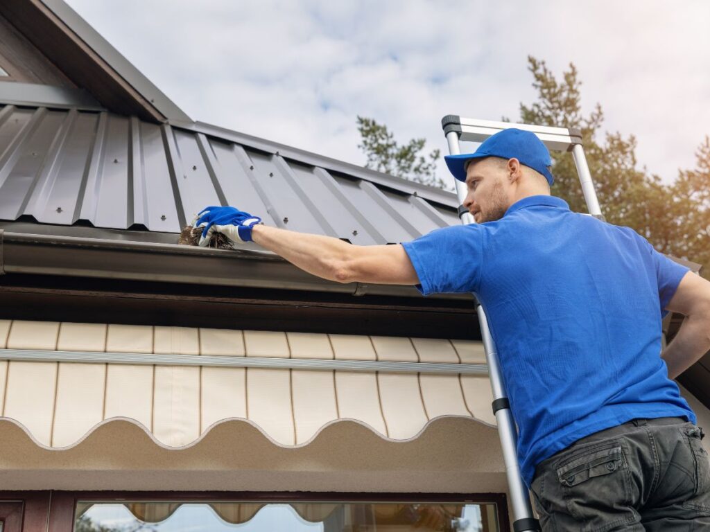 Worker cleaning debris from gutters while on a ladder.