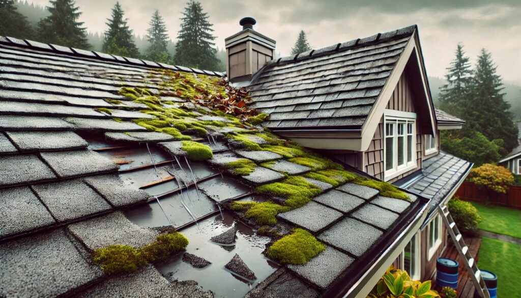 Moss and damage on a wet roof in a rainy environment.