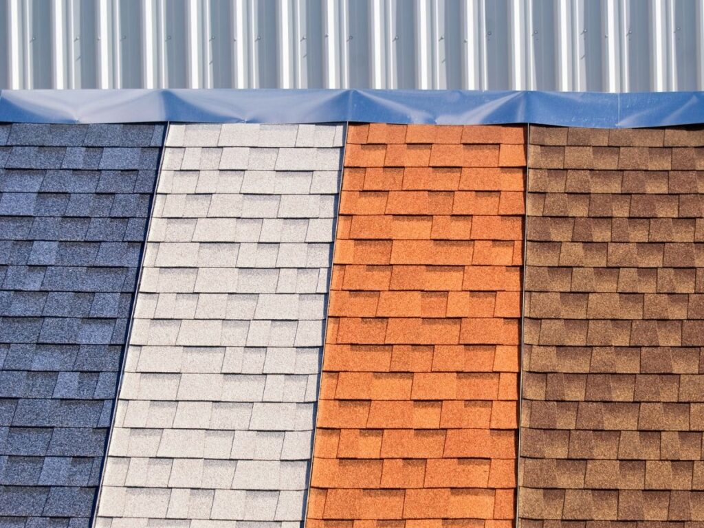 Four types of roof shingles in different colors.