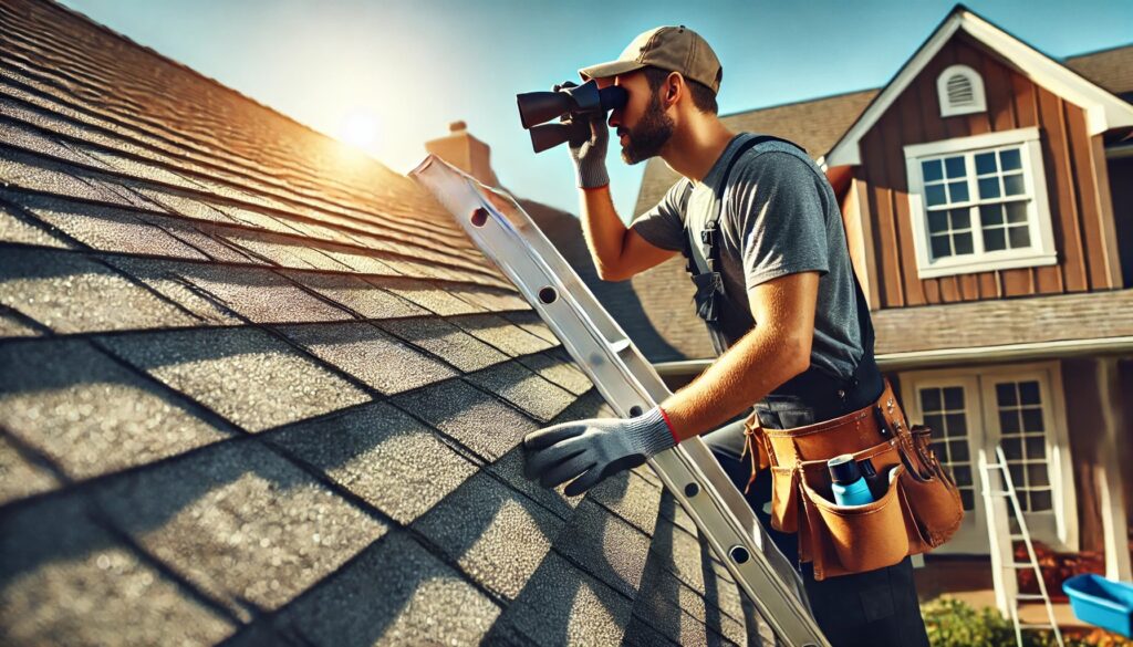 Man inspecting a roof with binoculars on a sunny day.