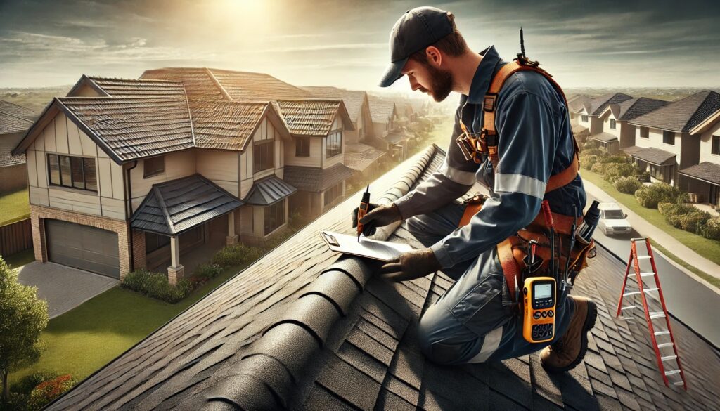 Worker inspecting a roof and taking notes on a clipboard.