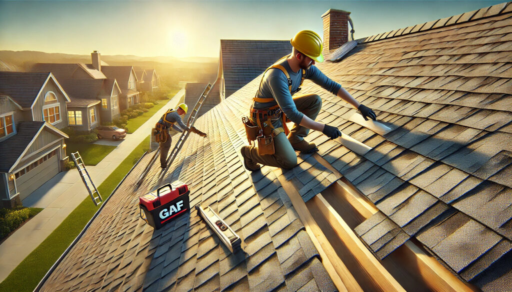 Roofers installing shingles on a sunny day.