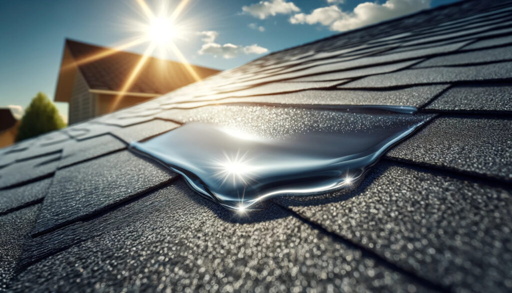 Sunlight reflecting on a rooftop water puddle.