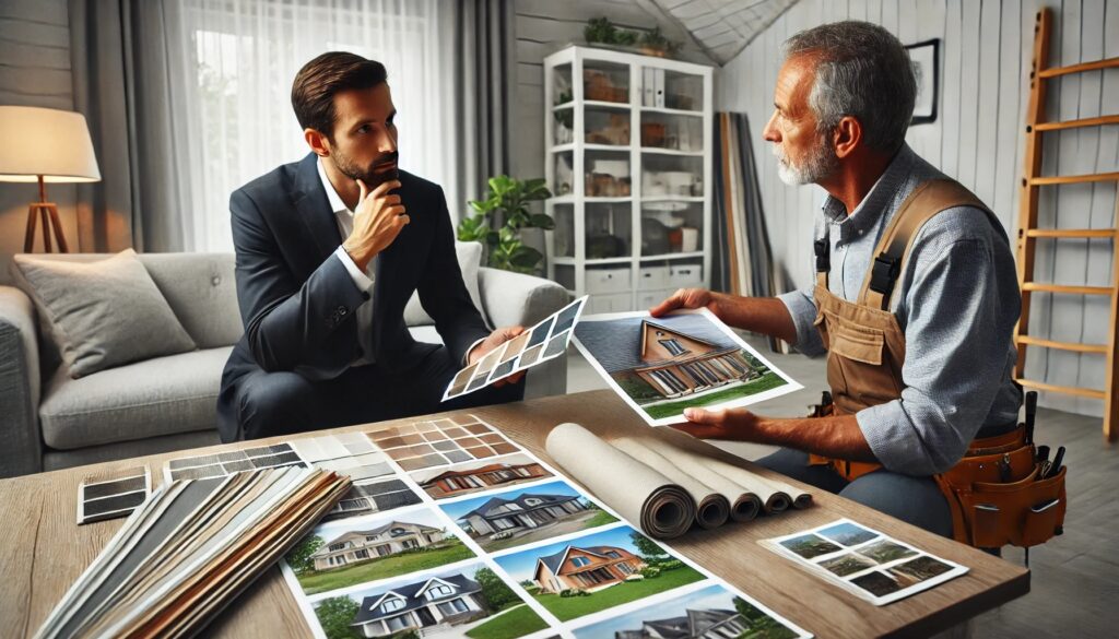 A businessman and a repair man having a conversation in the living room.