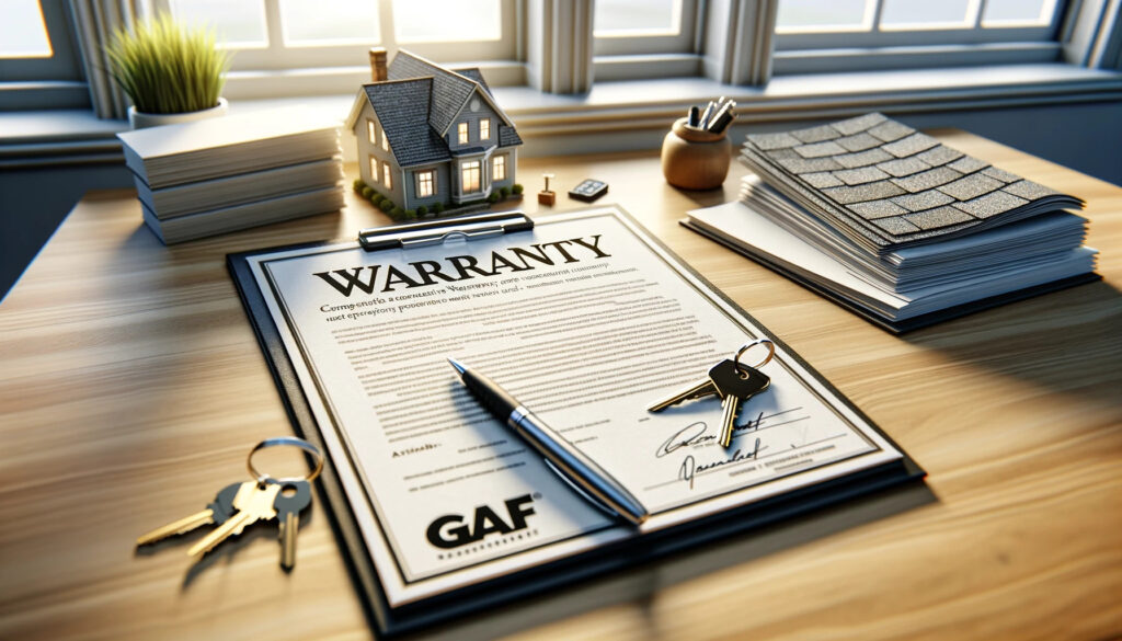 Warranty paperwork on a desk with house model.