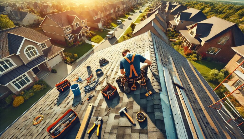 Workers adding the final details to a house roof during construction.