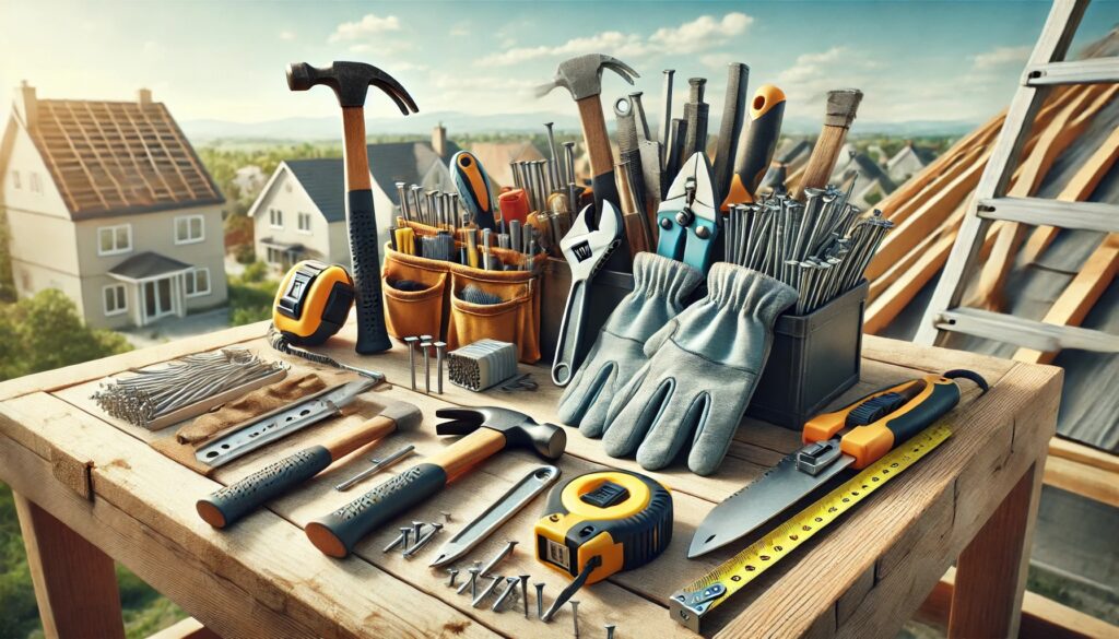 Tools and equipment neatly arranged on a table for roof work.