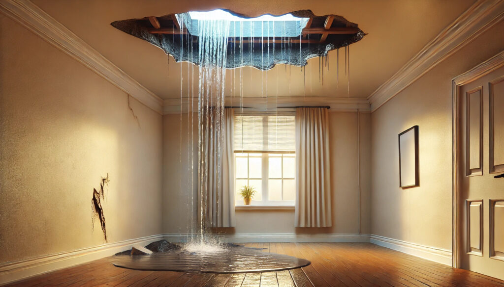 Water leaking through a ceiling hole, forming a puddle.