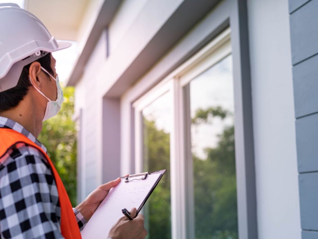 A man wearing a hardhat holding a paper on a clipboard and a ballpen.