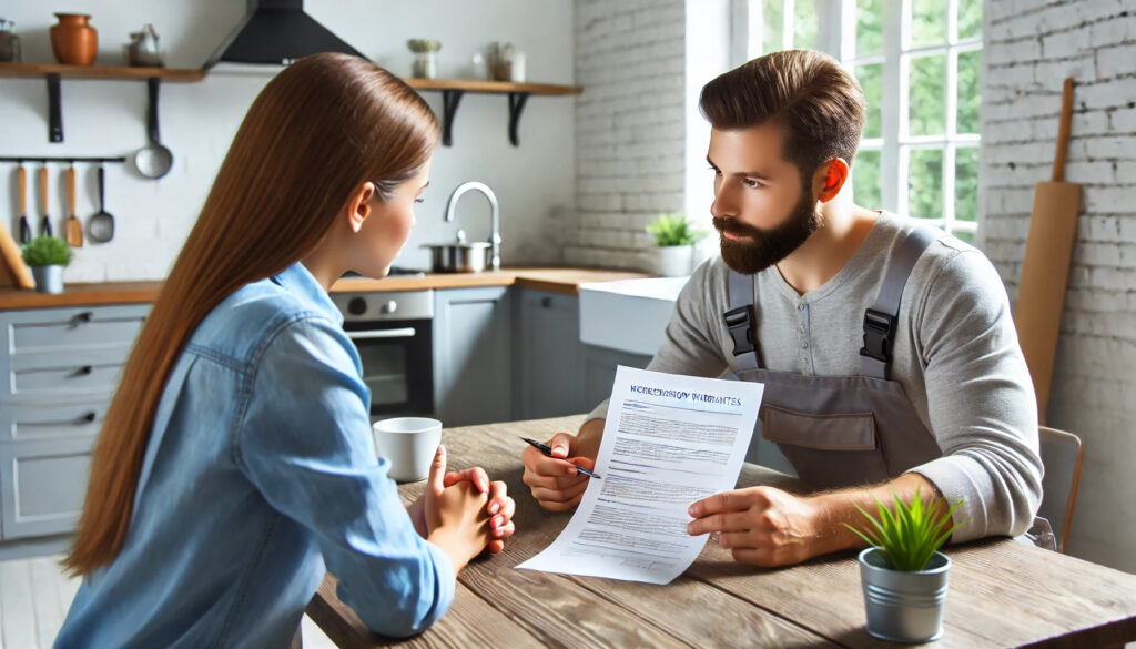 A man holding a pen and showing a paper to a woman.