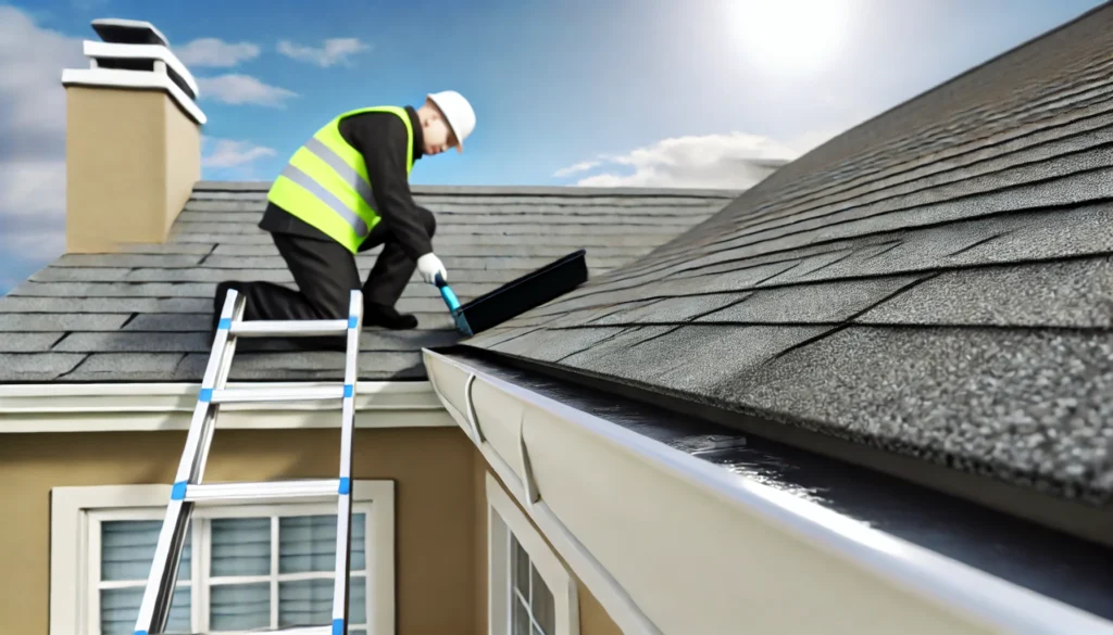 Inspector cleaning a roof with a gutter tool.