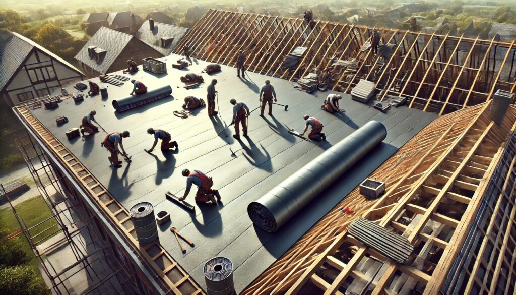 Workers laying black underlayment sheets on a roof.