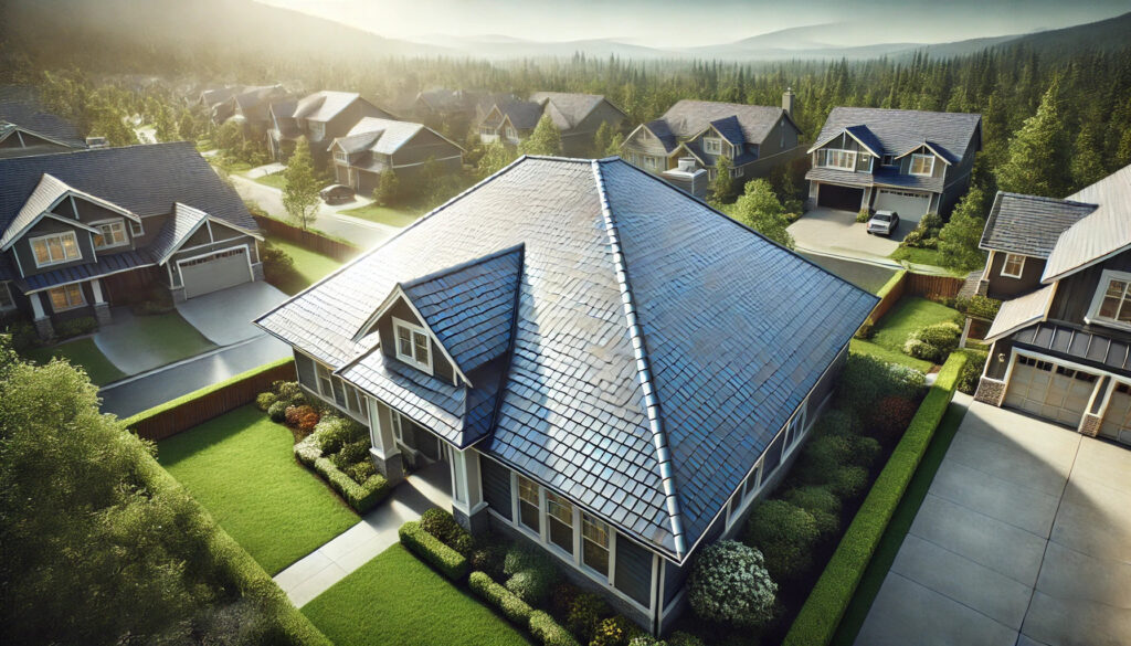 Aerial view of a sunlit neighborhood with modern homes.