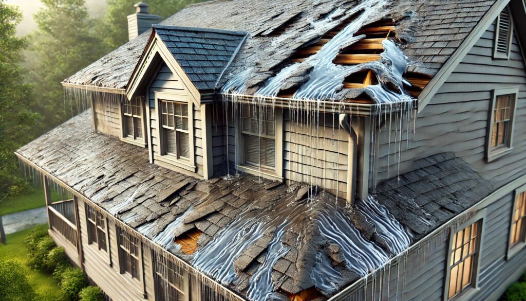 A two storey house with a damaged roof.