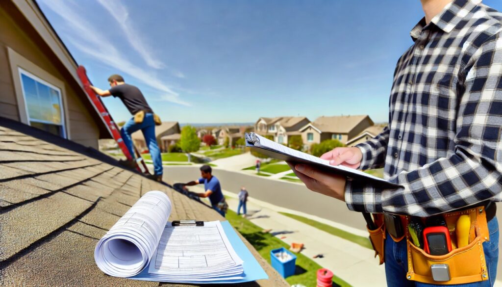 Worker with a clipboard overseeing a team on the roof.