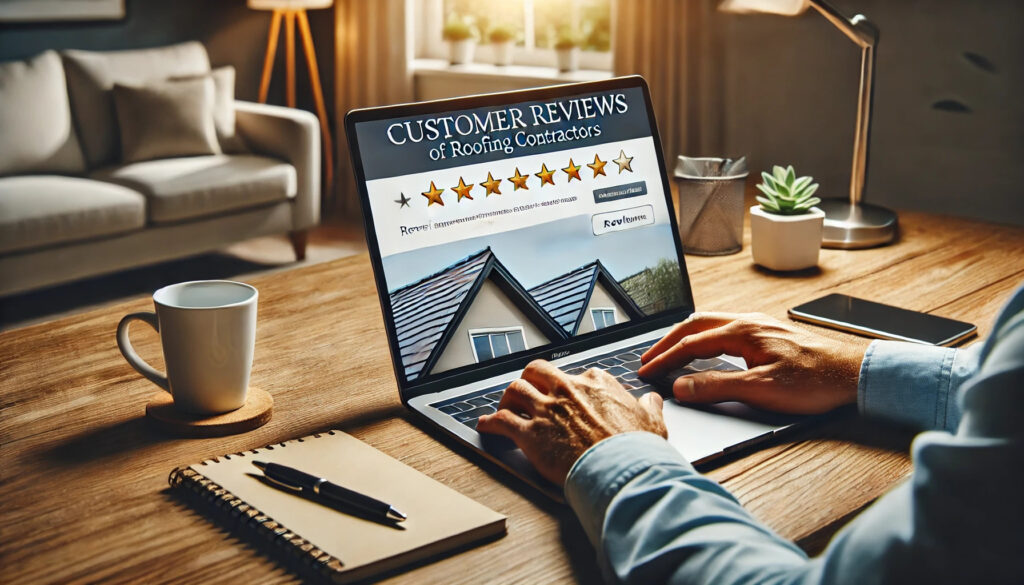 A man on his laptop wrting a customer review for a roofing contractor.