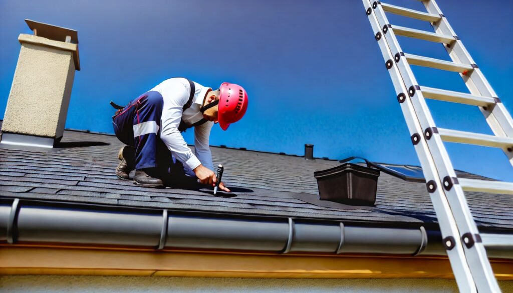 Worker in red helmet repairing a roof under clear skies.