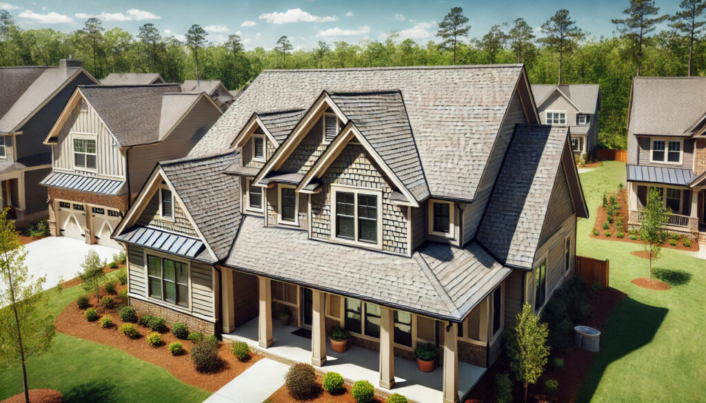 Large house with intricate roofing in a green neighborhood.