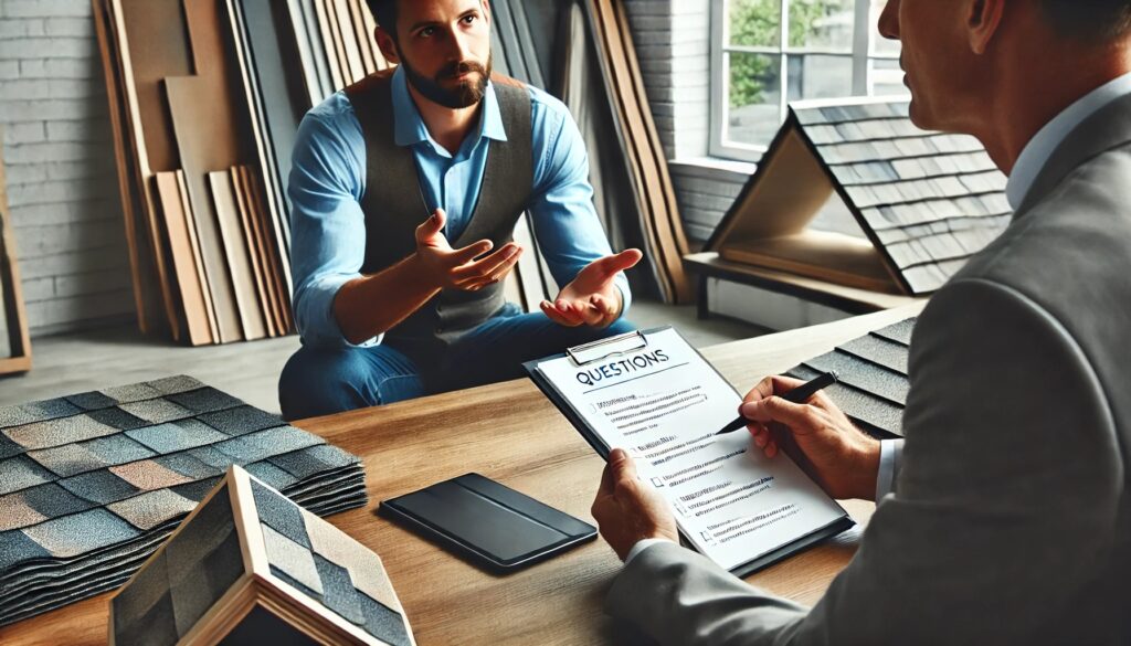 A man with on business suit holding a piece of paper with question and a man being asked.