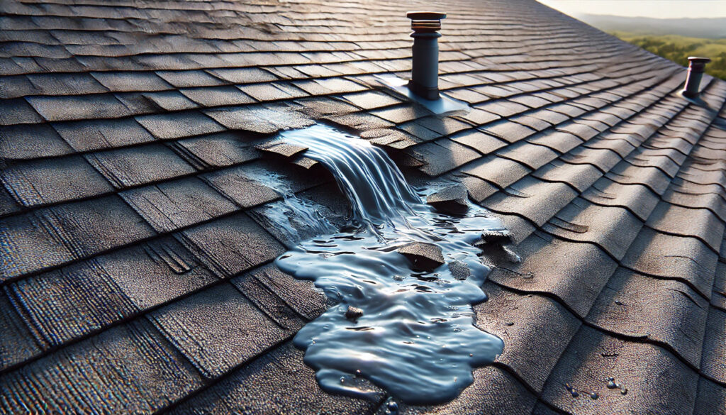 Water leaking down a damaged roof.