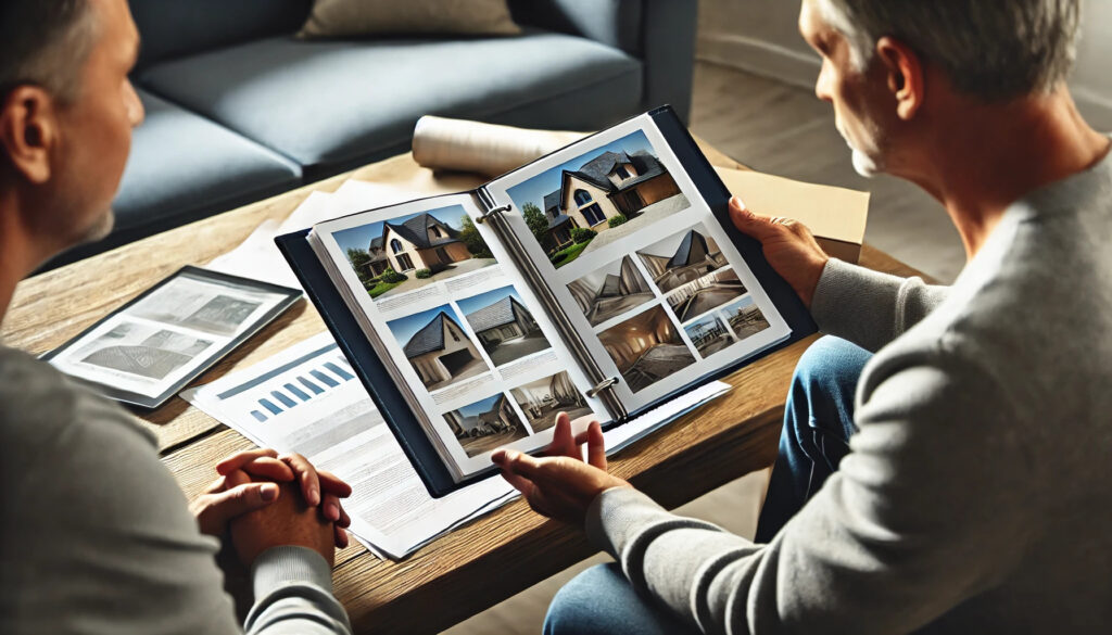 A man looking at a brochure with different house designs.