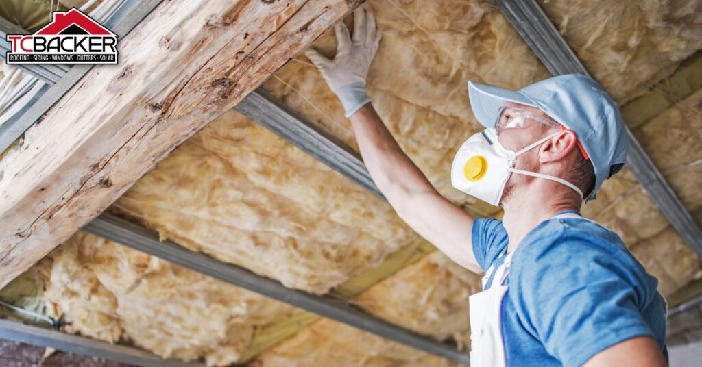 Worker inspecting insulation in attic with mask.