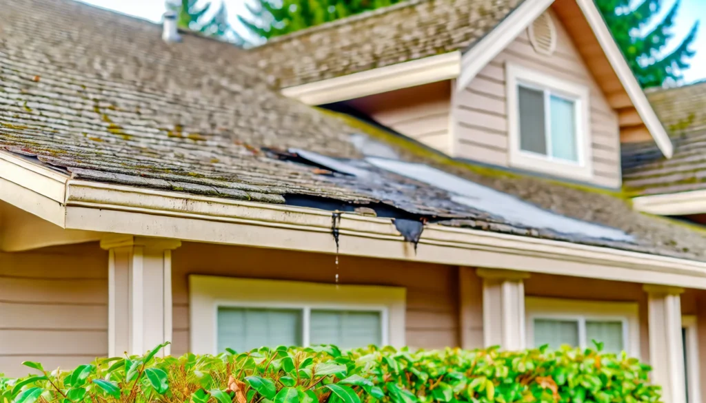 A picture of a house with a damaged roof.