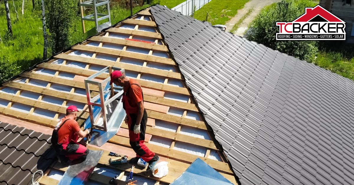 Two workers installing a roof.