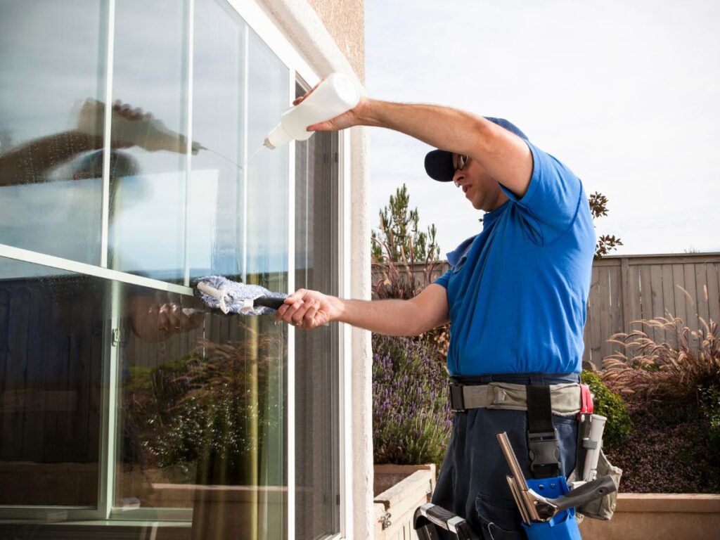 Window cleaner washing a large glass window.