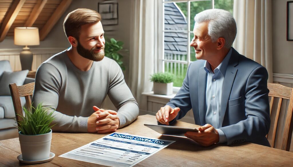 Two men discussing a roofing contract at a kitchen table.