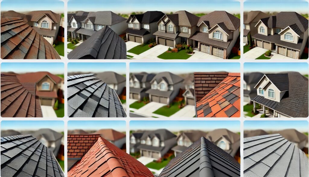 A collage of different types and colors of roof shingles on houses.