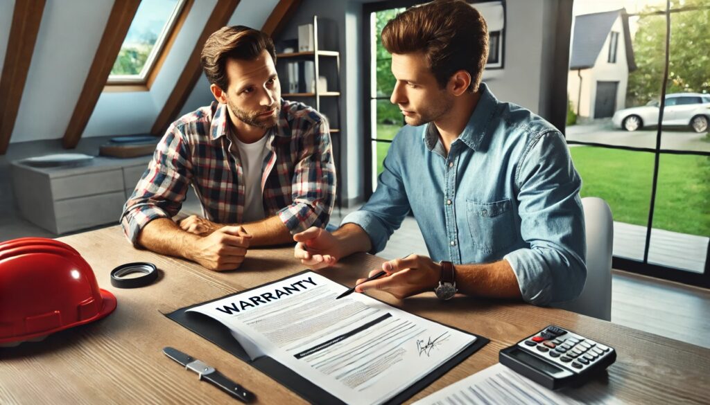 Two men having a conversation on the table showing the warranty contract.