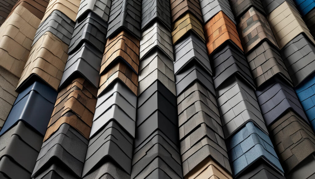 Close-up of various roofing material samples.