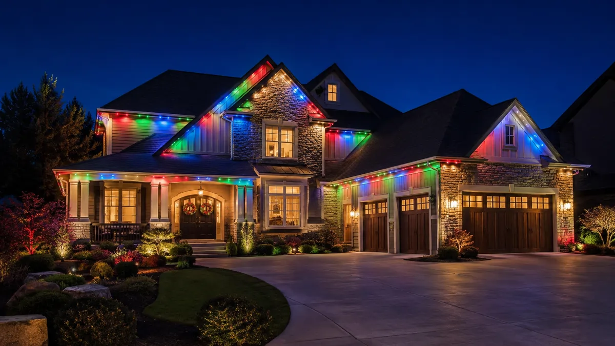 Home with permanent multicolor holiday roofline lights controlled by app, installed by TC Backer Construction