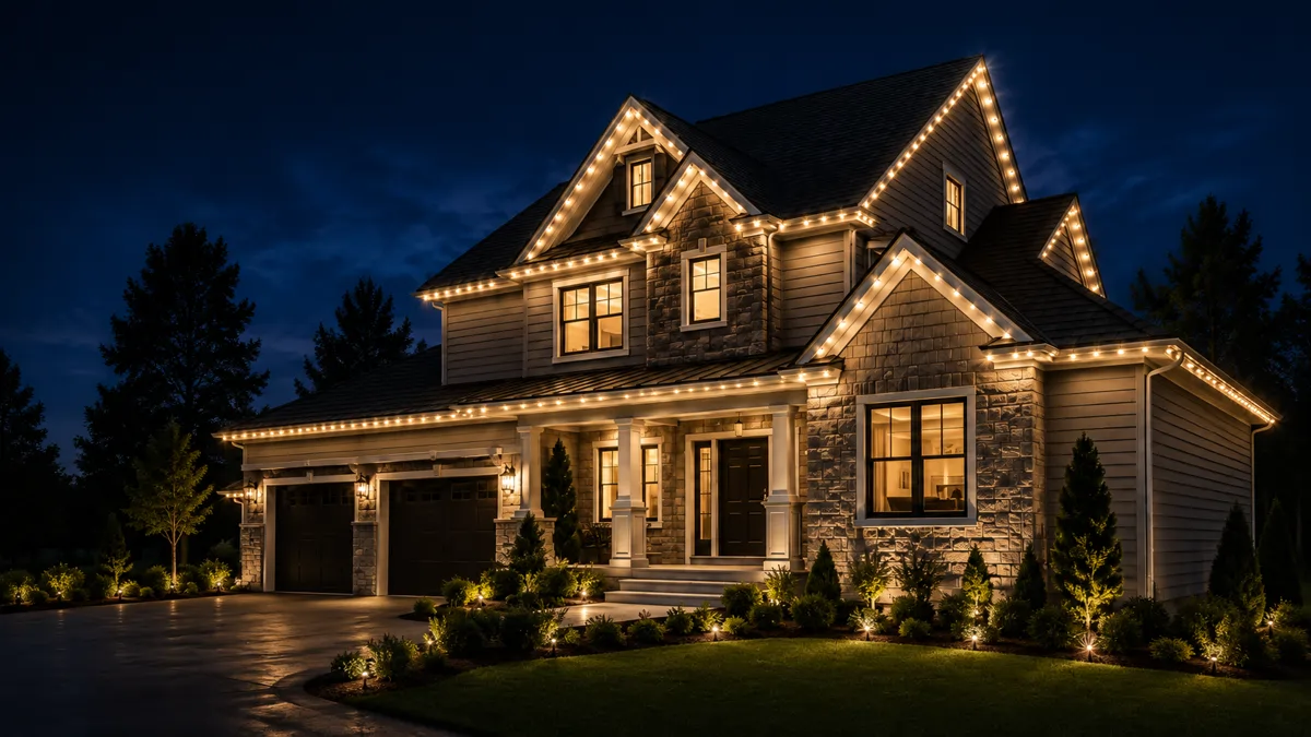 Home in Pennsylvania with permanent warm-white outdoor roofline lighting installed by TC Backer Construction