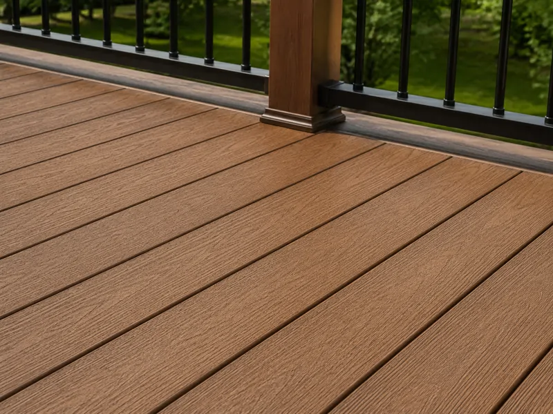 Close-up of capped composite decking boards with hidden fasteners installed by TC Backer Construction