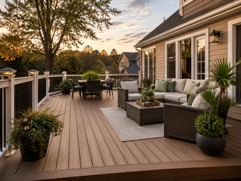 Finished composite deck set up as an outdoor living space on a Pennsylvania home by TC Backer Construction