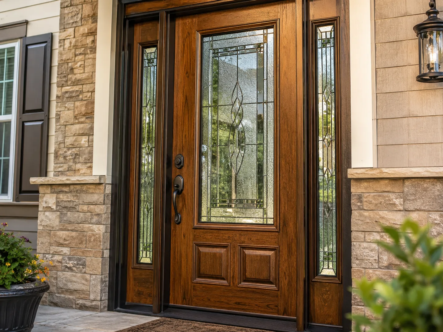 Close-up of a premium fiberglass entry door with decorative glass and quality hardware by TC Backer Construction