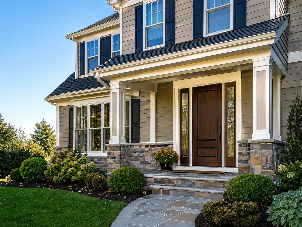 New fiberglass entry door with sidelights on a Pennsylvania home installed by TC Backer Construction
