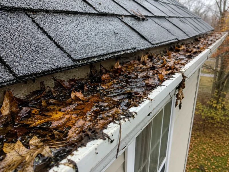 Open gutter without guards clogged with leaves and debris on a Pennsylvania home — the problem TC Backer Construction gutter guards prevent