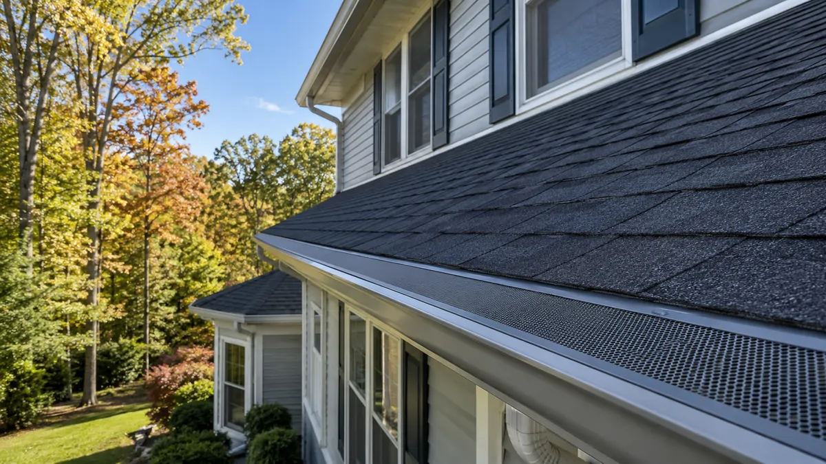 Professionally installed gutter guards along the roofline of a Pennsylvania home by TC Backer Construction