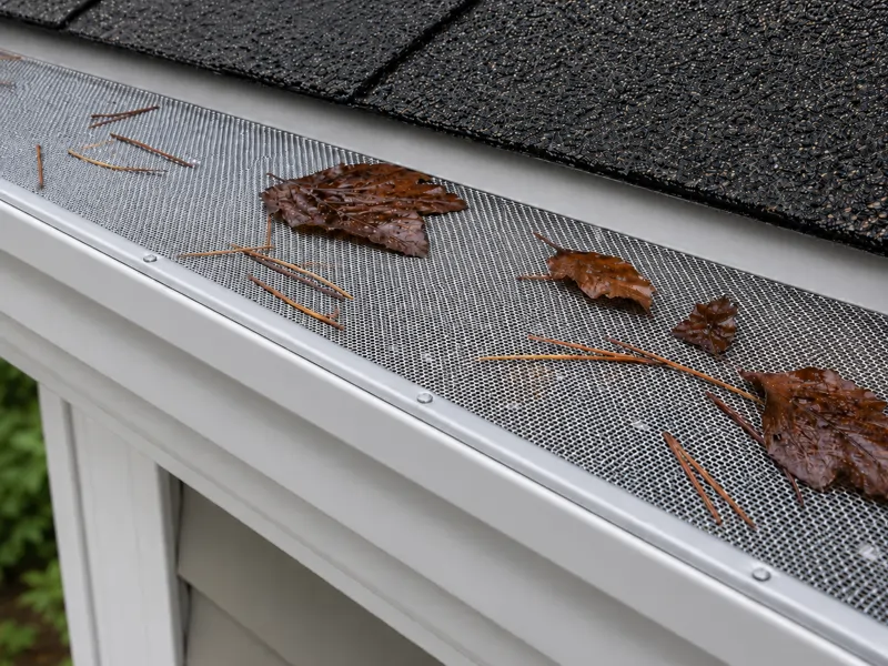 Stainless-steel micro-mesh gutter guard keeping debris out while draining rainwater, installed by TC Backer Construction