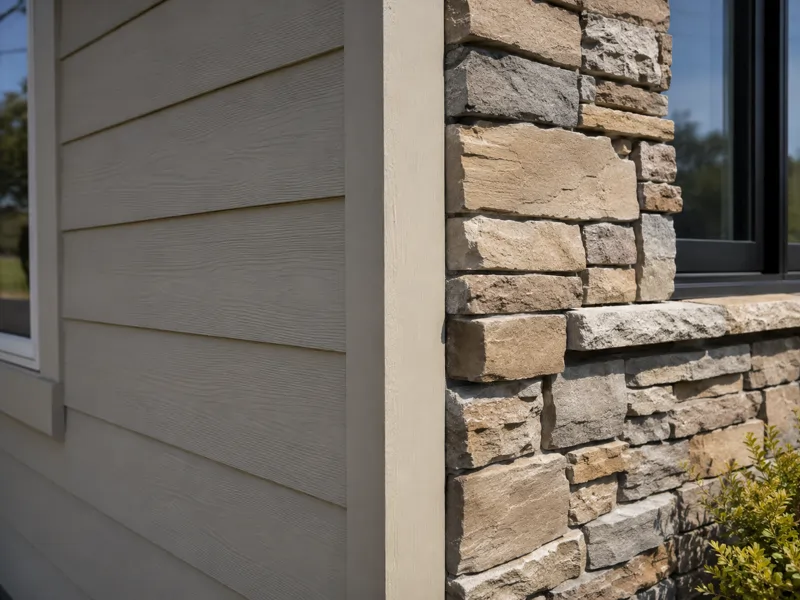 Close-up of fiber cement lap siding meeting a stone veneer accent, installed by TC Backer Construction